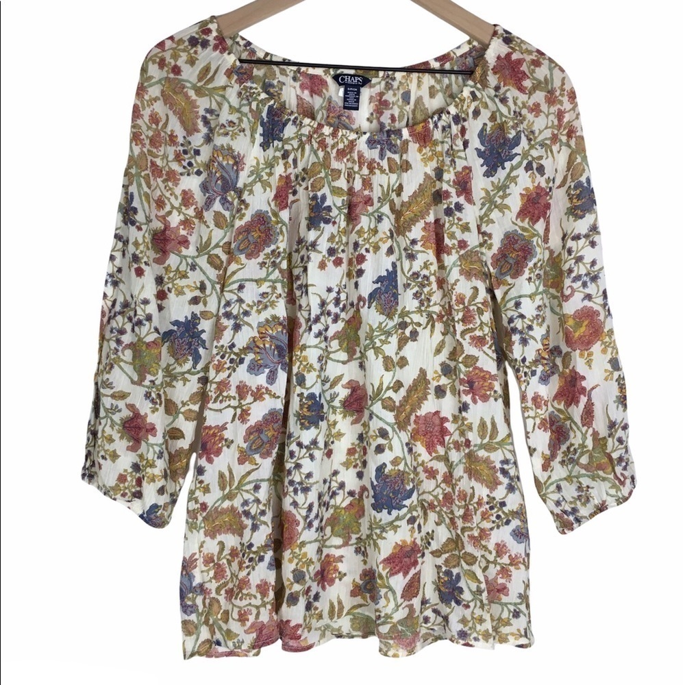 CHAPS Blouse Top Floral Peasant Elastic Scoop Neck Sheer Lightweight Size Small